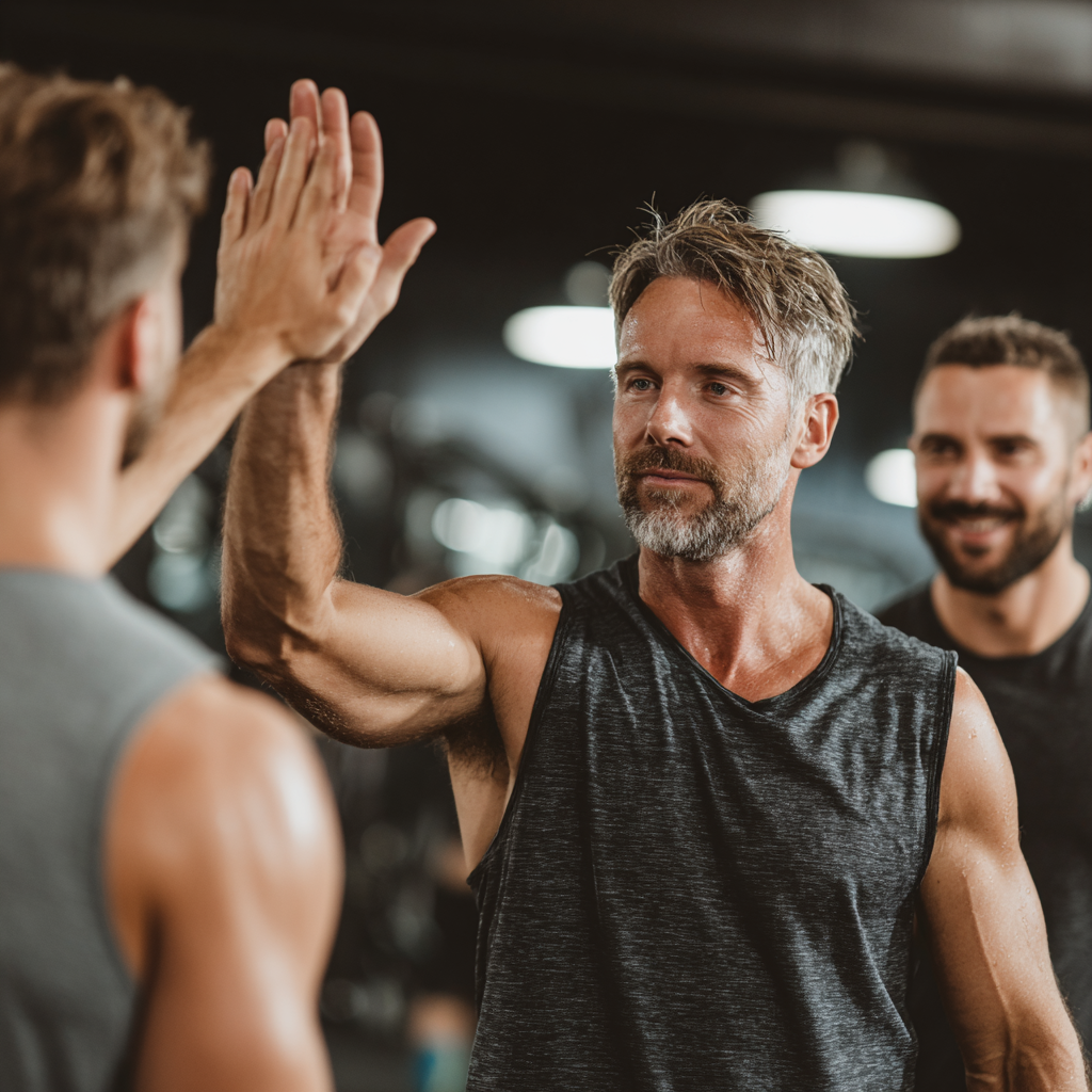 Group of diverse men celebrating fitness achievement together, high-fiving after intense workout session