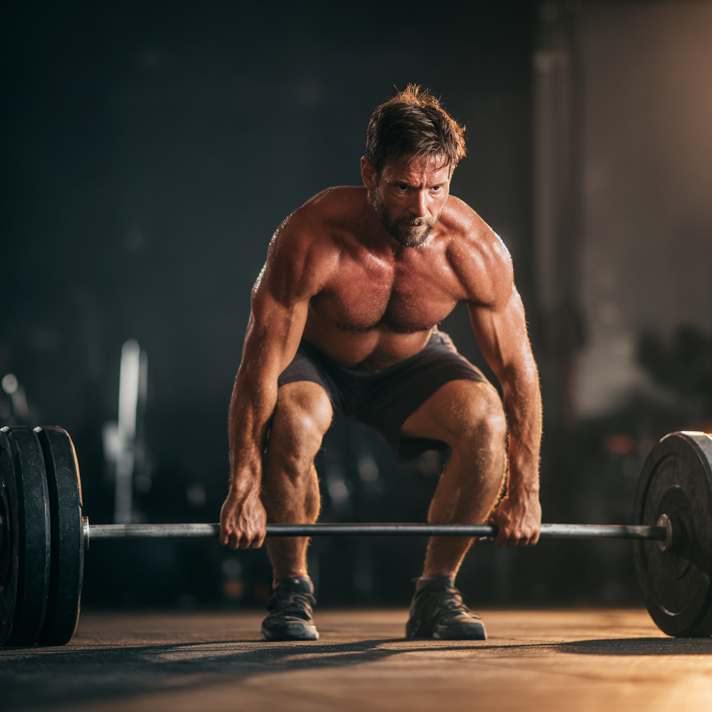Muscular man in gym performing deadlift with perfect form, intense focus and determination