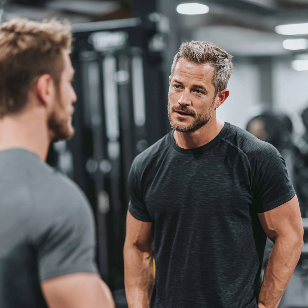 Professional male trainer working one-on-one with client, focused coaching session in modern gym